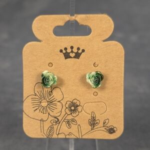 Emerald Green, White & Gold Rose Earrings Stainless Steel Post Butterfly Back
